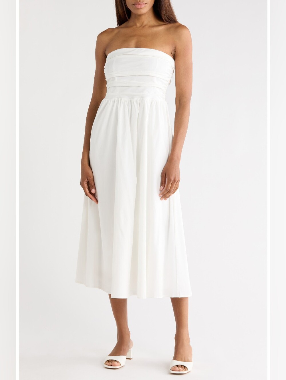 WAYF Ruched Strapless Midi Dress, Medium, 100% Cotton, Tube Top Midi Dress White